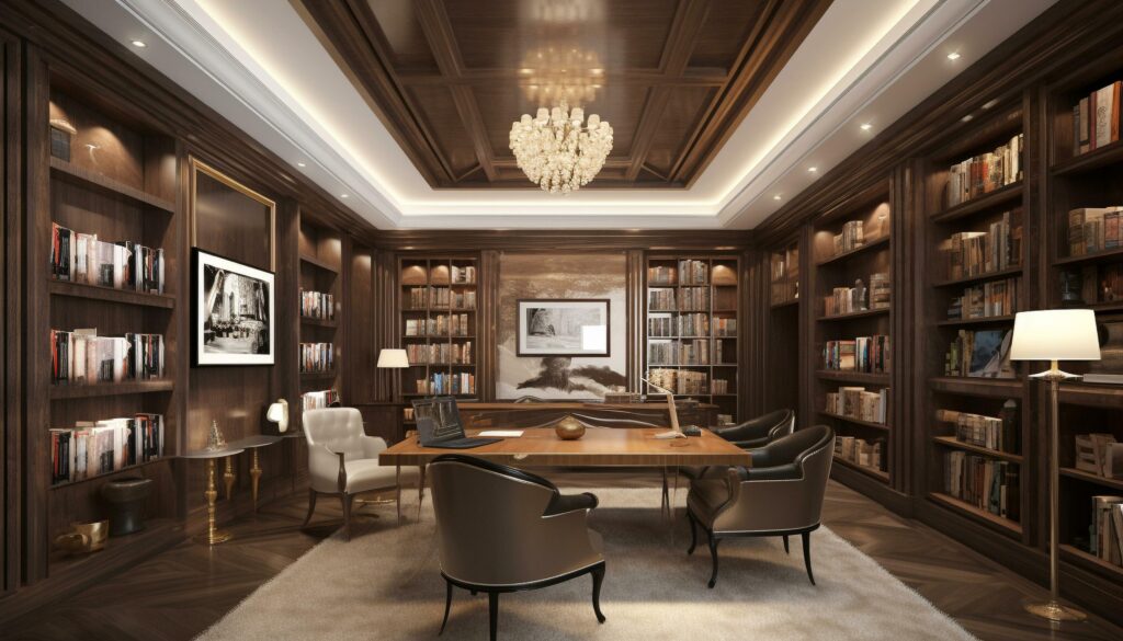 
									Modern bookshelf in a luxurious home, a perfect space for studying generated by AI Stock Free