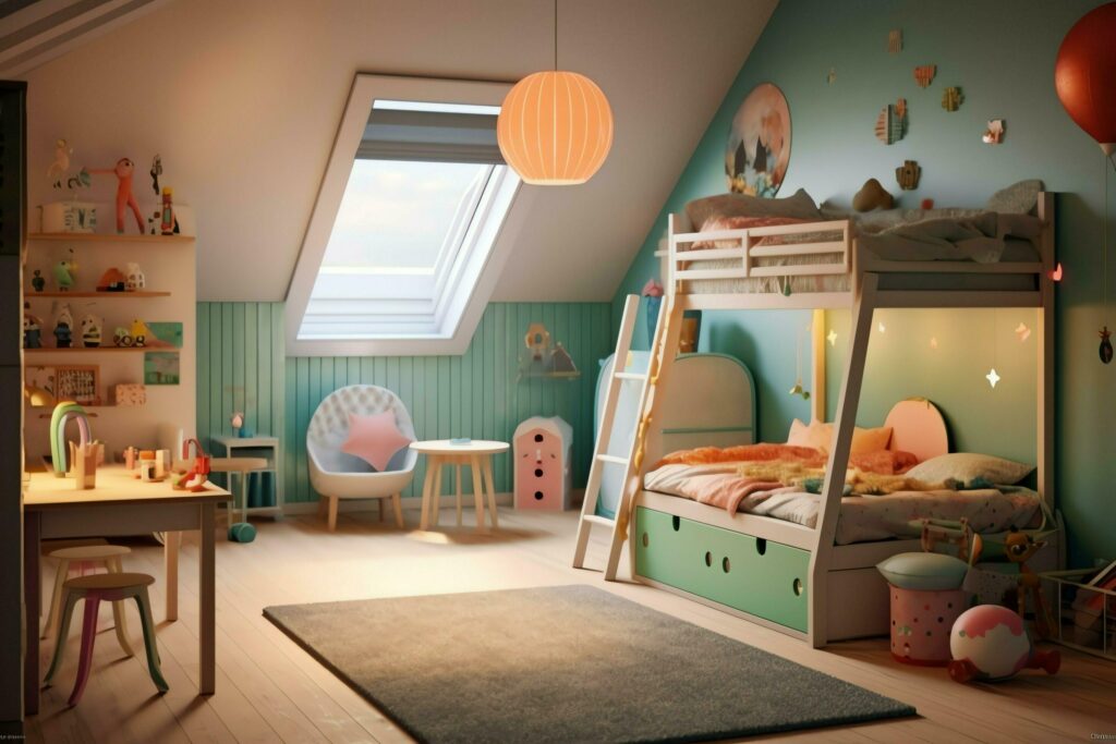 Modern child bedroom interior design in house with decoration children. Colorful children bedroom concept by AI Generated Stock Free