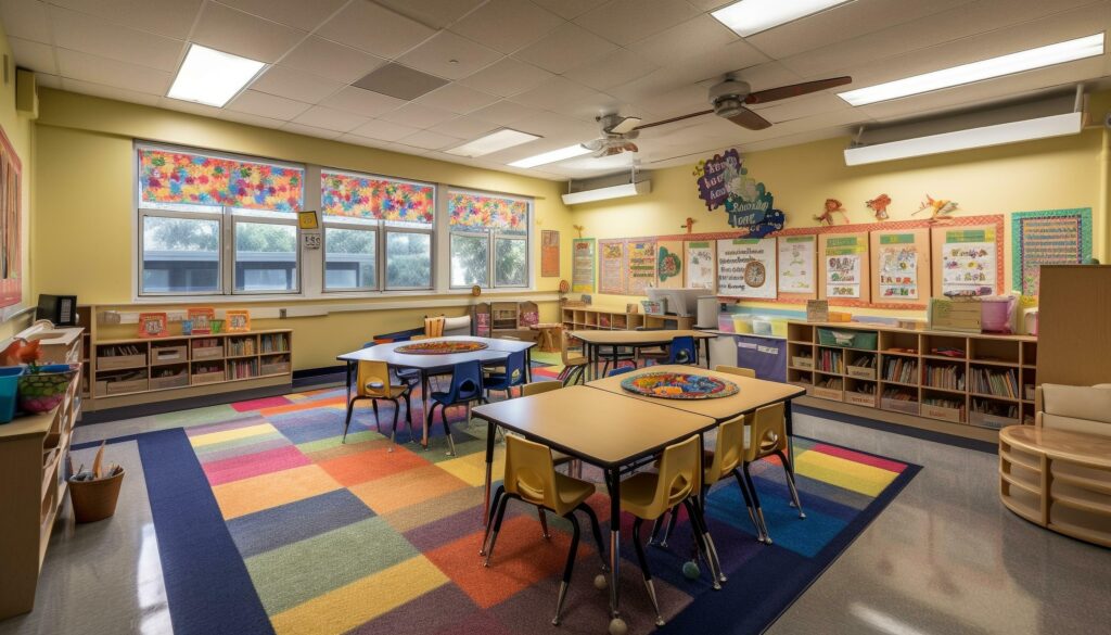 Modern classroom with bright colors and toys generated by AI Stock Free