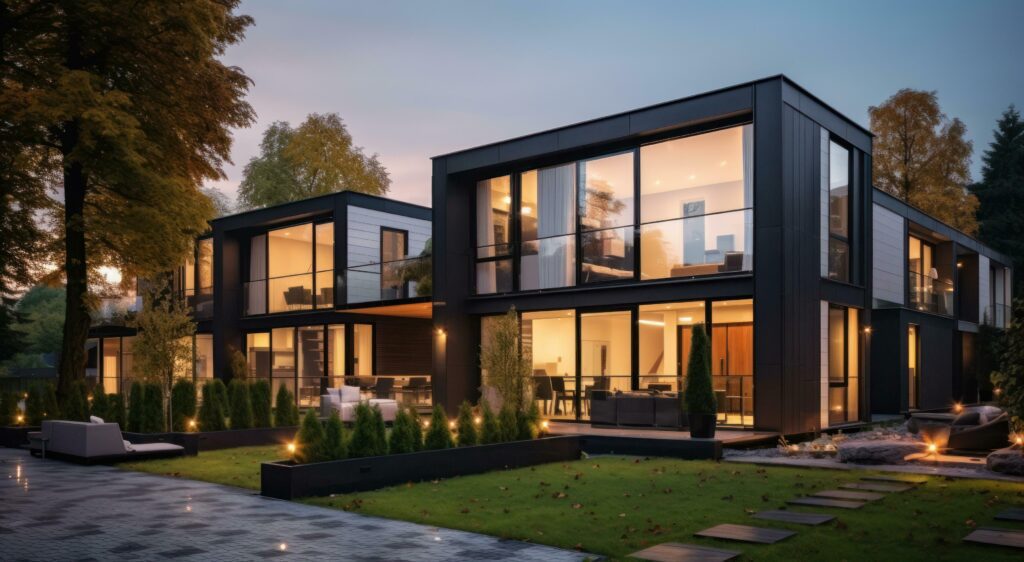 Modern condo townhouses in evening Stock Free