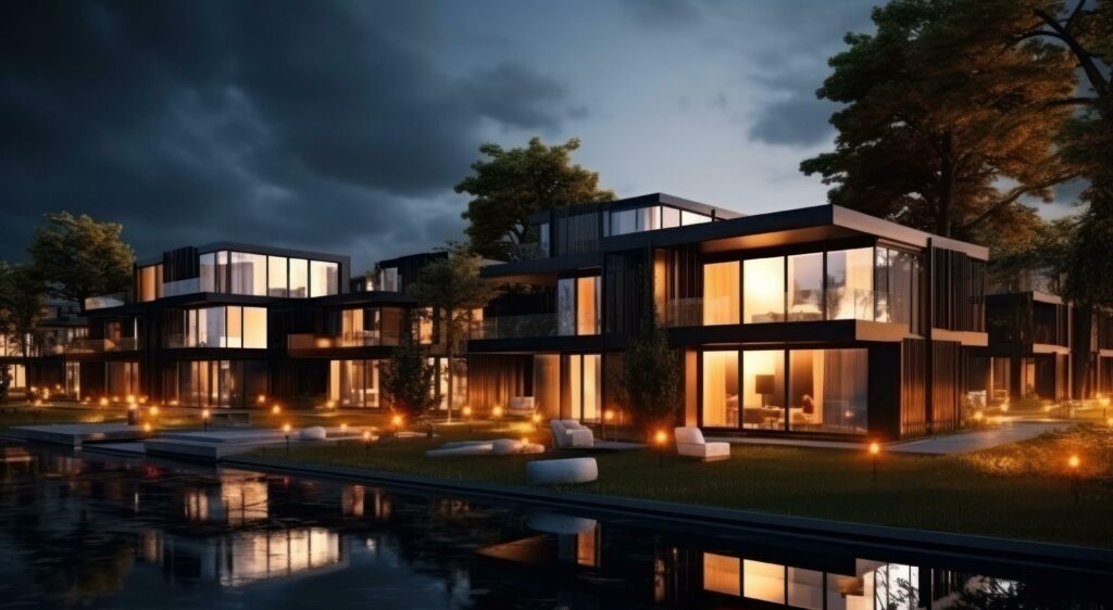 Modern condo townhouses in evening Stock Free