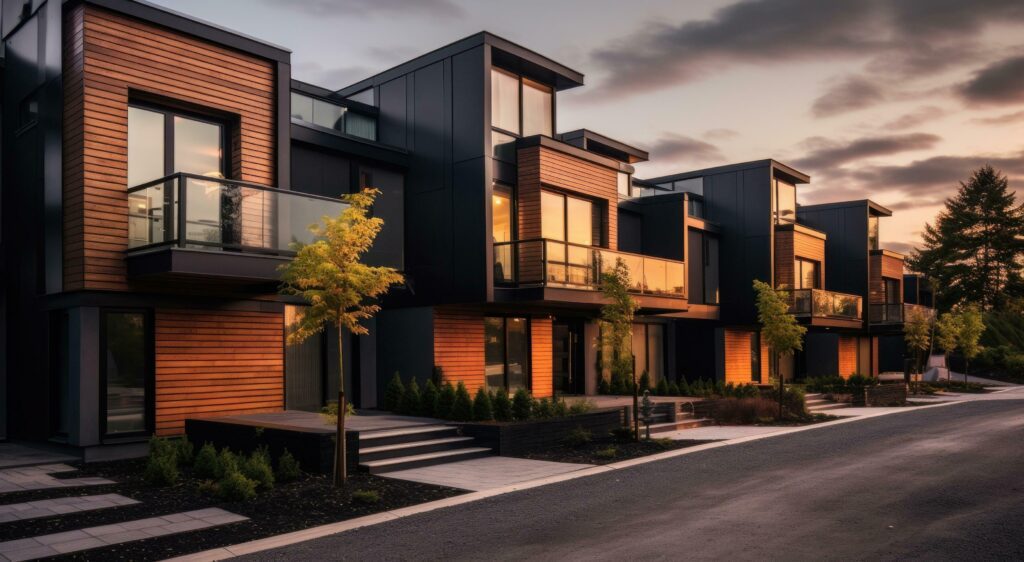 Modern condo townhouses in evening Stock Free