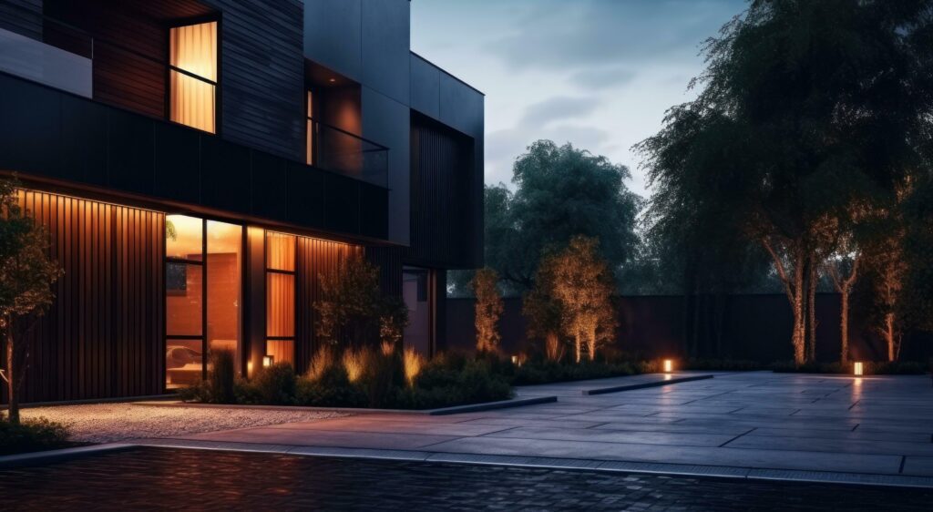 Modern condo townhouses in evening Stock Free