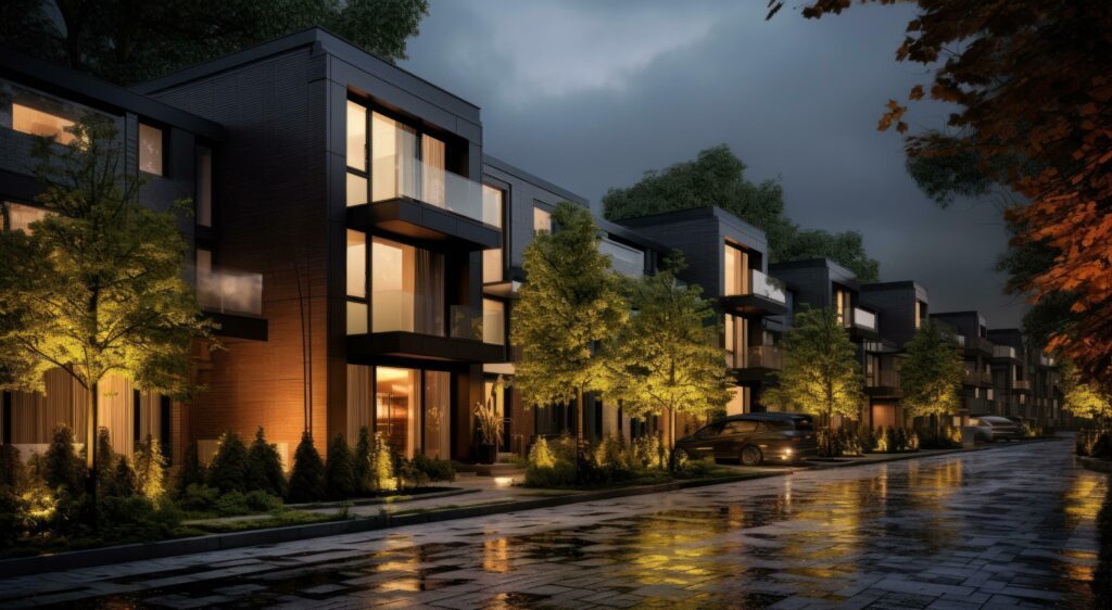 Modern condo townhouses in evening Stock Free