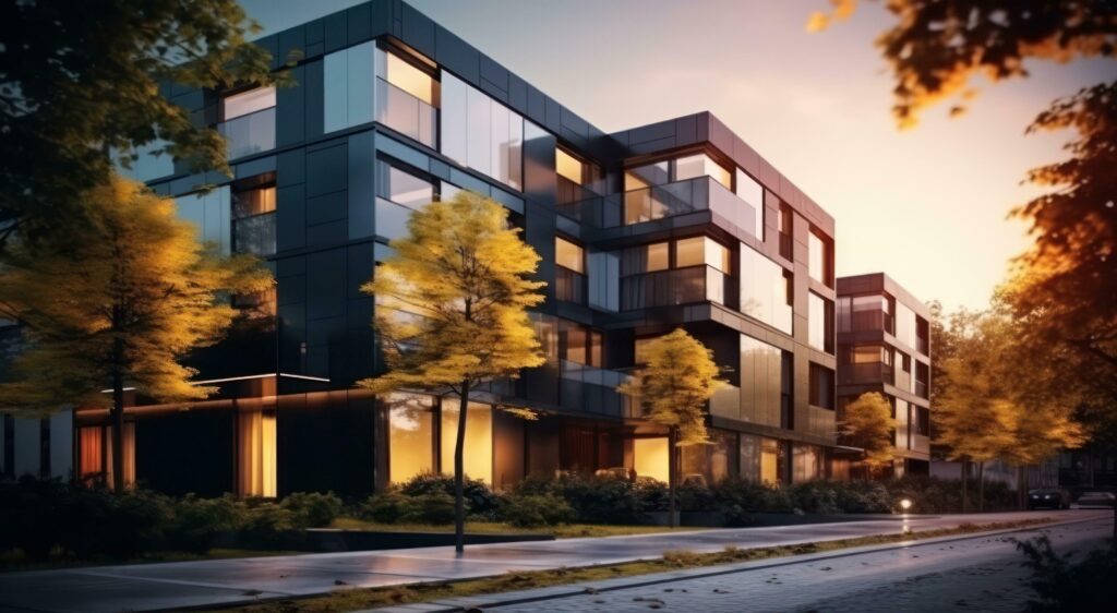 Modern condo townhouses in evening Stock Free