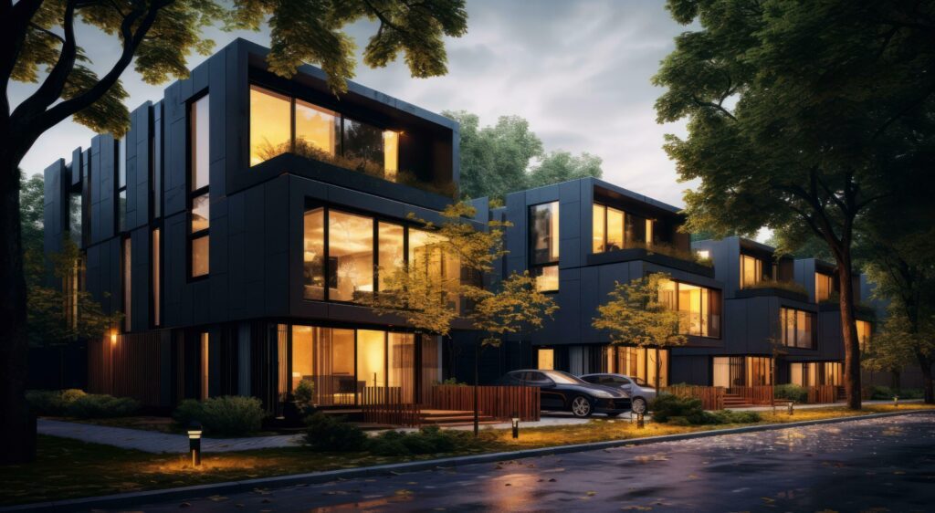 Modern condo townhouses in evening Stock Free