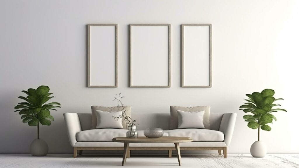 Modern cozy mock up and decoration furniture of living room and empty canvas frame on the white wall texture background, 3D rendering. AI Generative Stock Free