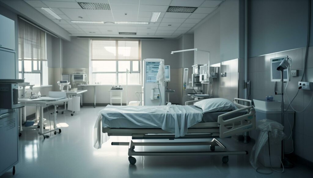 Modern hospital room with empty bed and chair generated by AI Stock Free