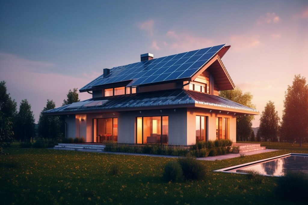 Modern house with solar panels on the roof, beautiful place, Generative AI Stock Free