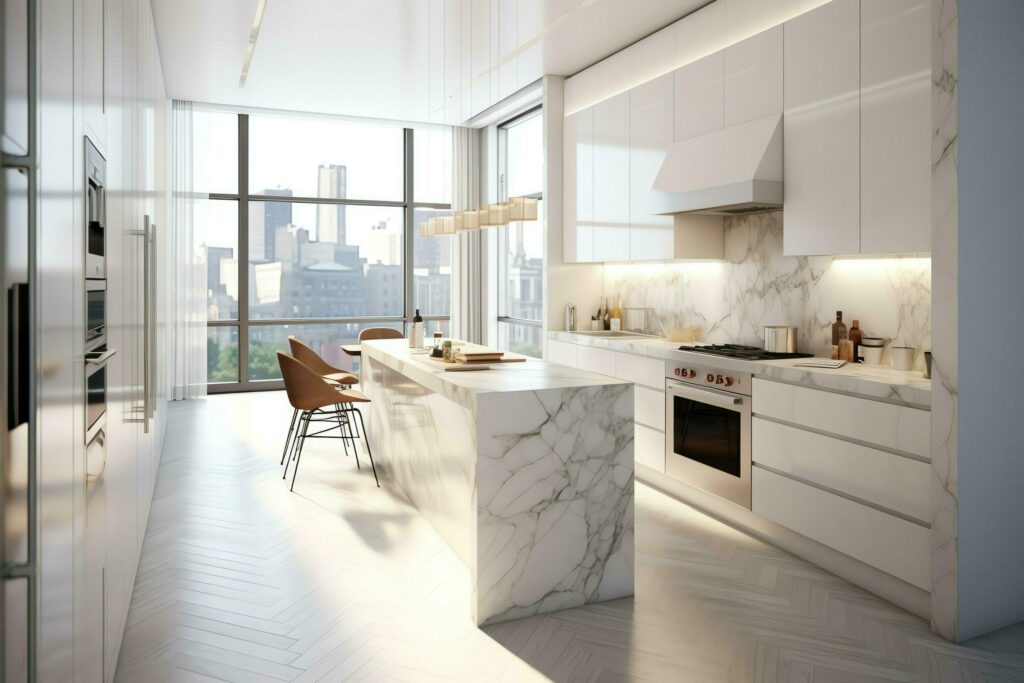 Modern kitchen interior design in apartment or house with furniture. Luxury kitchen home scandinavian concept by AI Generated Stock Free