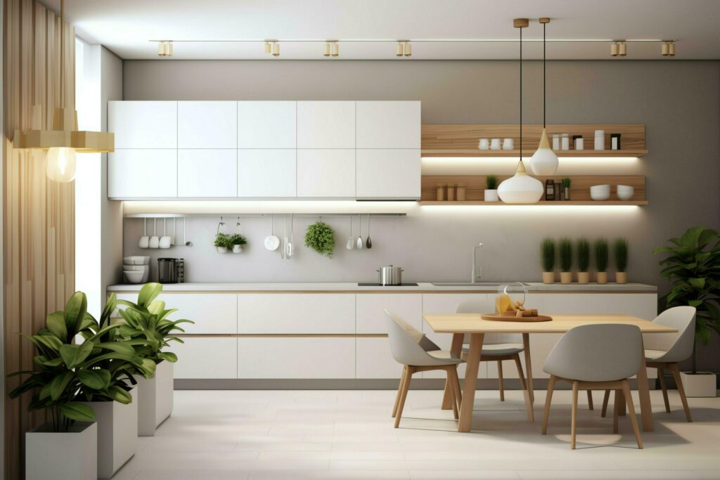 Modern kitchen interior design in apartment or house with furniture. Luxury kitchen home scandinavian concept by AI Generated Stock Free