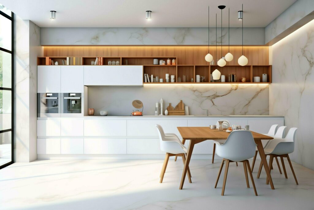 Modern kitchen interior design in apartment or house with furniture. Luxury kitchen home scandinavian concept by AI Generated Stock Free