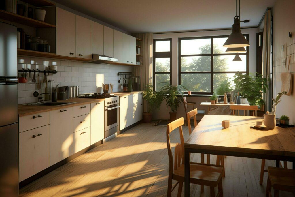 Modern kitchen interior design in apartment or house with furniture. Luxury kitchen home scandinavian concept by AI Generated Stock Free