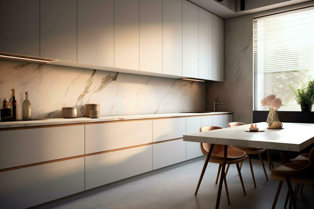 
									Modern kitchen interior design in apartment or house with furniture. Luxury kitchen home scandinavian concept by AI Generated Stock Free