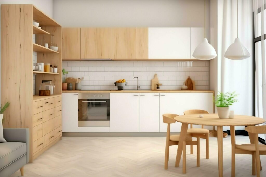 Modern kitchen interior design in apartment or house with furniture. Luxury kitchen home scandinavian concept by AI Generated Stock Free