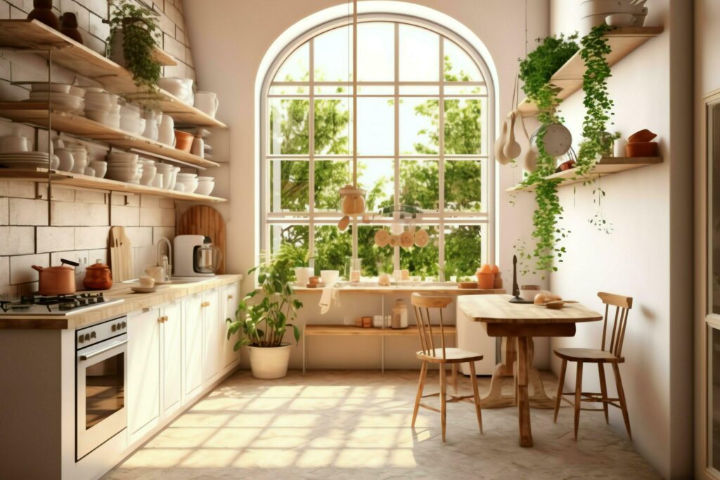 Modern kitchen interior design in apartment or house with furniture. Luxury kitchen home scandinavian concept by AI Generated Stock Free