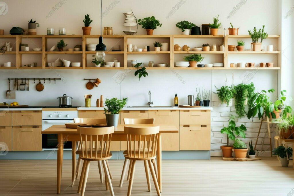 Modern kitchen interior design in apartment or house with furniture. Luxury kitchen home scandinavian concept by AI Generated Stock Free