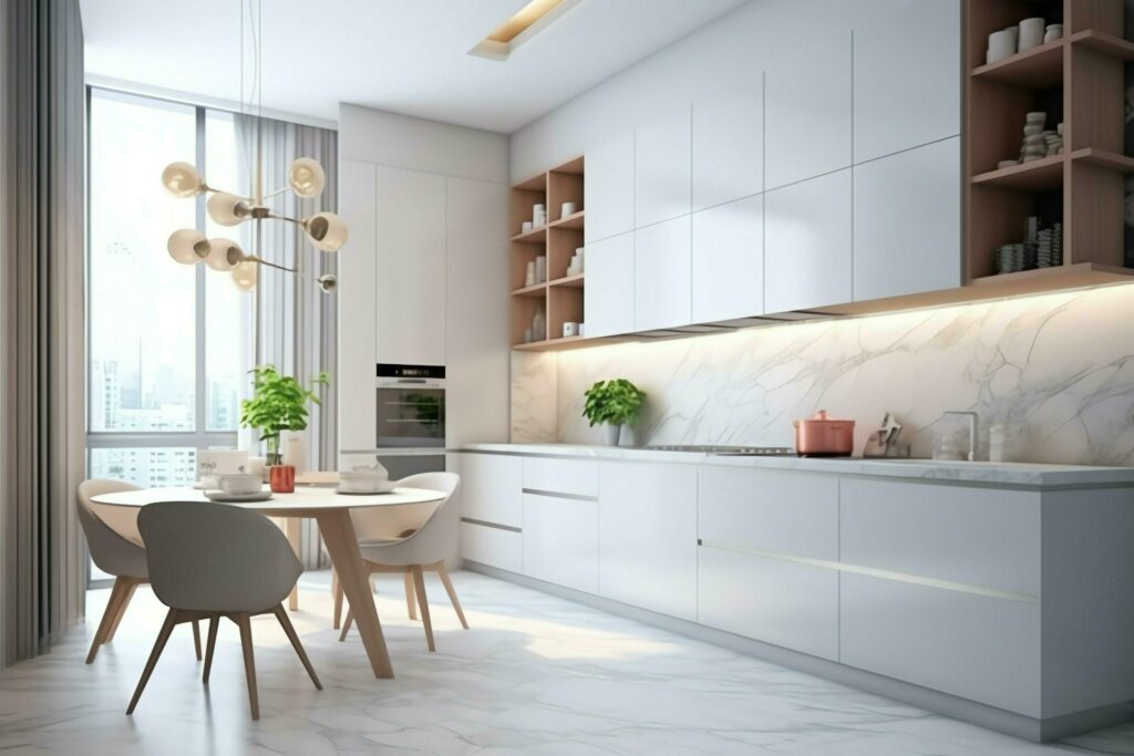 Modern kitchen interior design in apartment or house with furniture. Luxury kitchen home scandinavian concept by AI Generated Stock Free