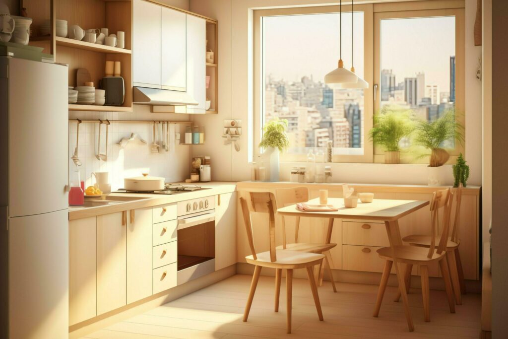 
									Modern kitchen interior design in apartment or house with furniture. Luxury kitchen home scandinavian concept by AI Generated Stock Free