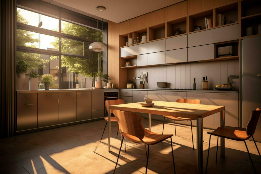 Modern kitchen interior design in apartment or house with furniture. Luxury kitchen home scandinavian concept by AI Generated Stock Free