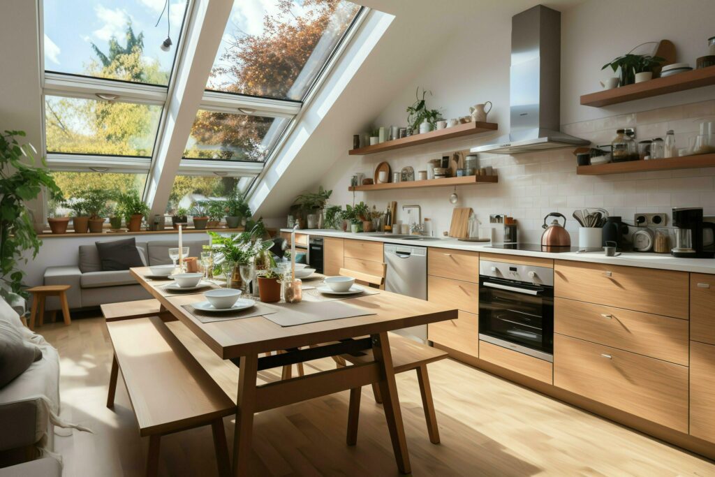 Modern kitchen interior design in apartment or house with furniture. Luxury kitchen home scandinavian concept by AI Generated Stock Free