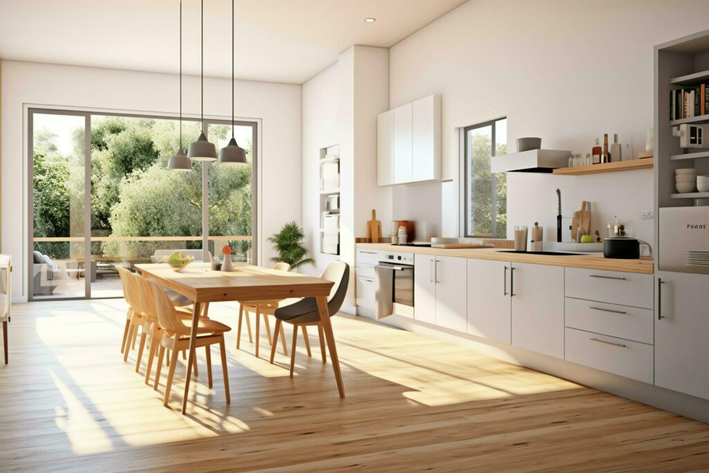 Modern kitchen interior design in apartment or house with furniture. Luxury kitchen home scandinavian concept by AI Generated Stock Free