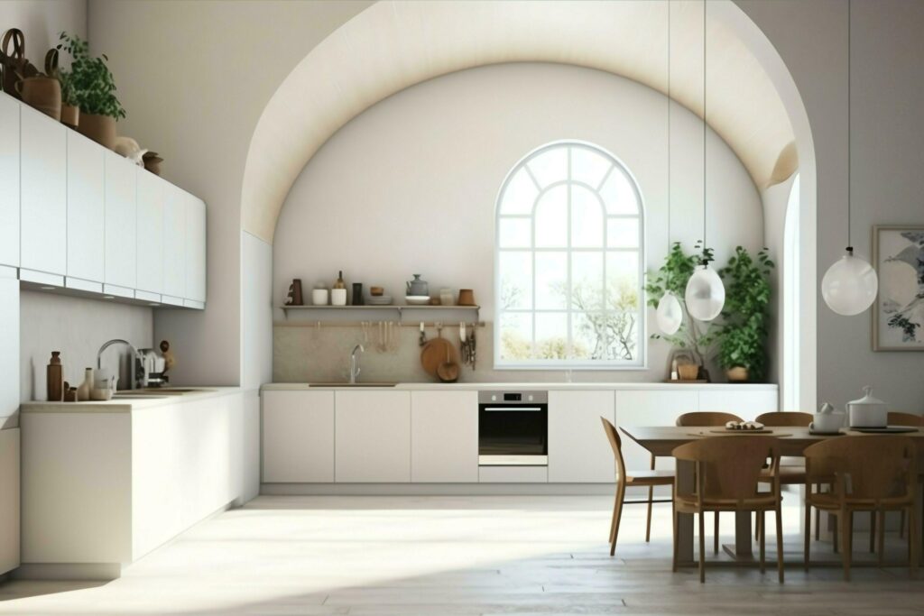 Modern kitchen interior design in apartment or house with furniture. Luxury kitchen home scandinavian concept by AI Generated Stock Free