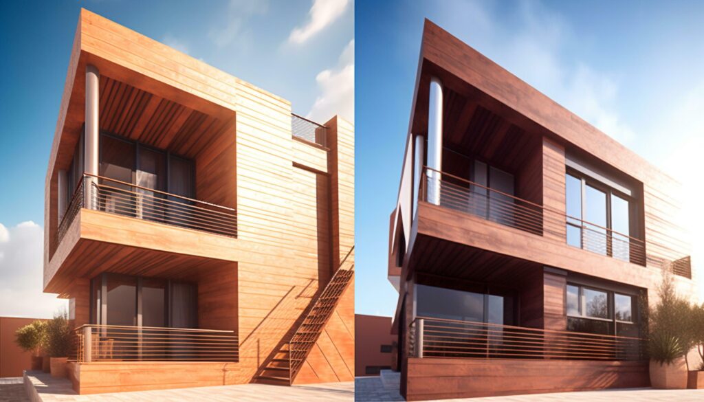 Modern luxury apartment building with elegant wood and glass design generated by AI Stock Free