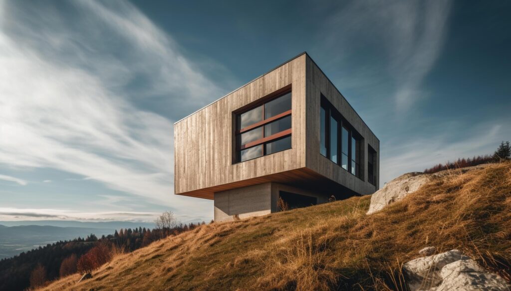 Modern mountain cottage with balcony, surrounded by nature landscape generated by AI Stock Free