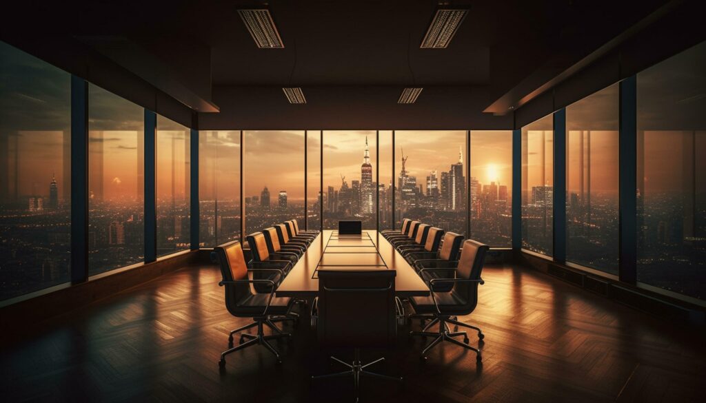 Modern office building features luxury skyline view generated by AI Stock Free