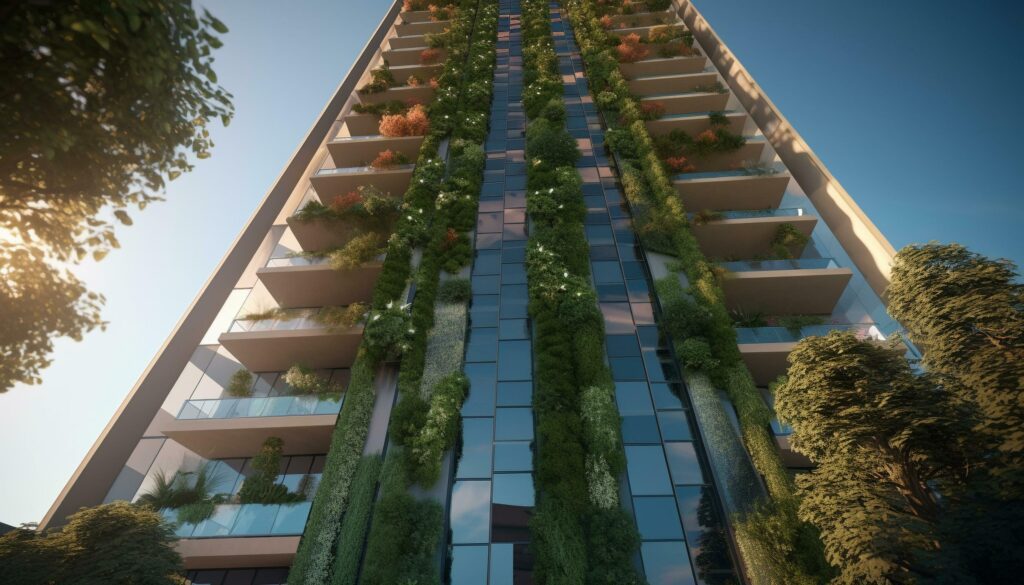 Modern skyscraper with glass facade, surrounded by nature and greenery generated by AI Stock Free