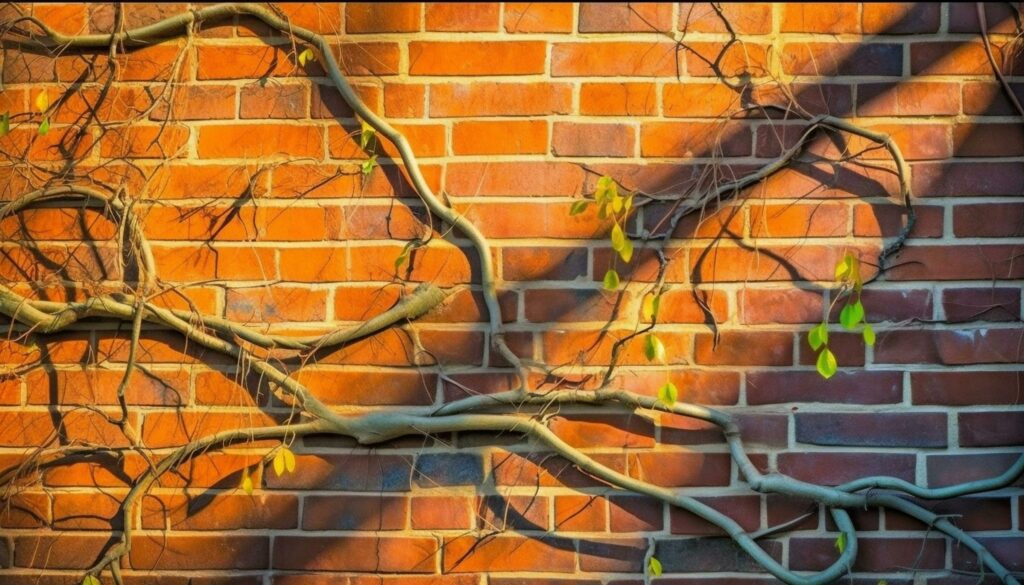 Nature growth over old brick building creates abstract backdrop generated by AI Stock Free