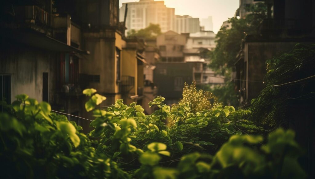 Nature sunlit skyscrapers, a city green growth generated by AI Stock Free