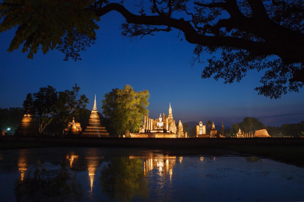 Night in Sukhothai historical park. Buddhist temple ruins in Sukhothai historical park,Thailand Stock Free