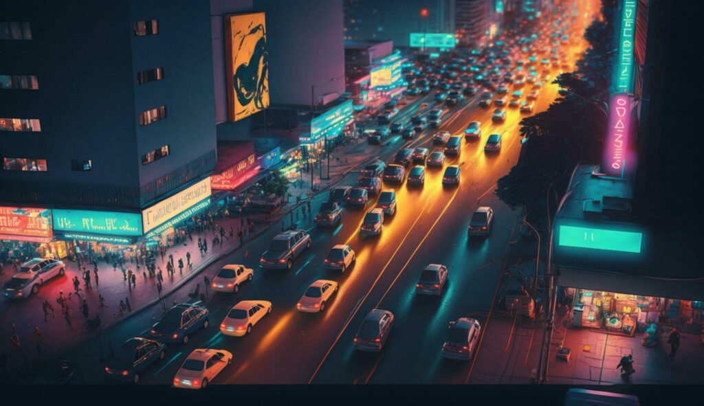 Nighttime Beijing city skyline with blurred traffic motion ,generative AI Stock Free