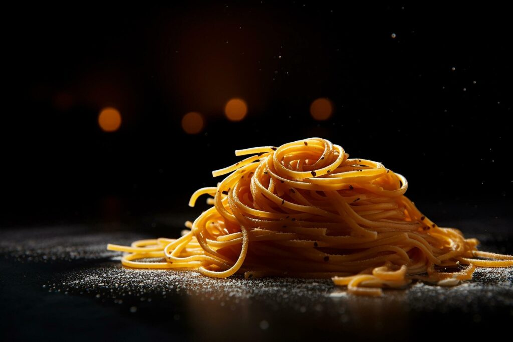 Noodle on the wooden board with dark lighting and black background. Food and delivery concept. Generative AI Stock Free