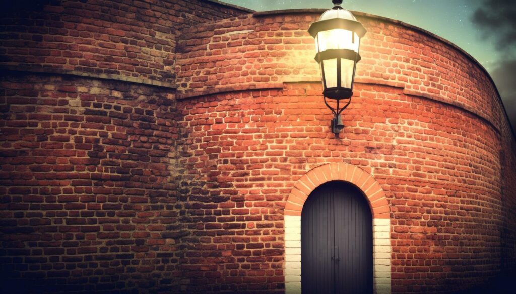 Old brick building illuminated by lanterns in dark night generated by AI Stock Free