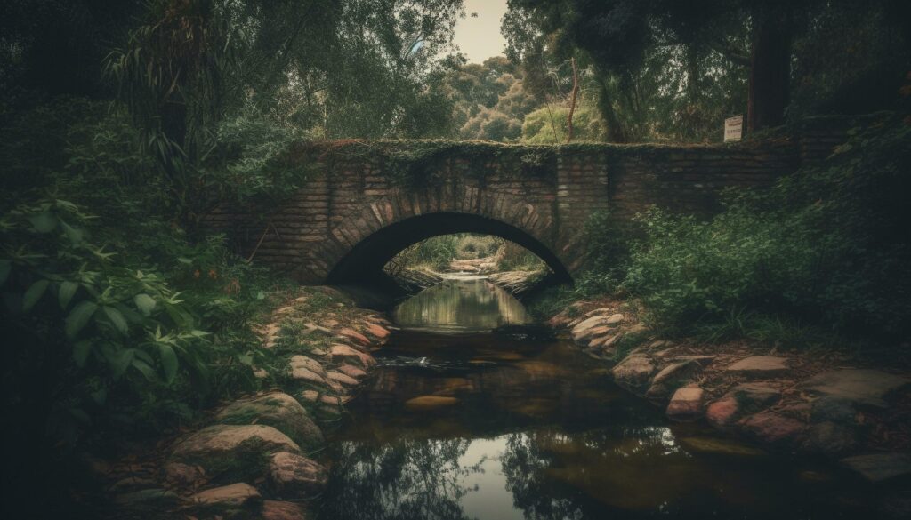 Old stone bridge reflects beauty in nature generated by AI Stock Free