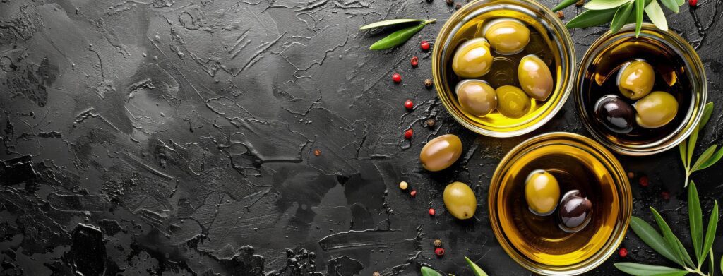 Olives and Olive Oil in Bowls on a Black Background Stock Free