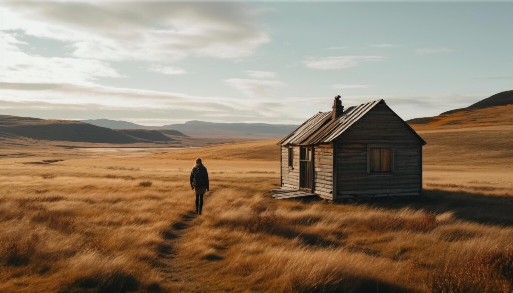 One person standing, walking in solitude, exploring serene mountain landscape generated by AI Stock Free