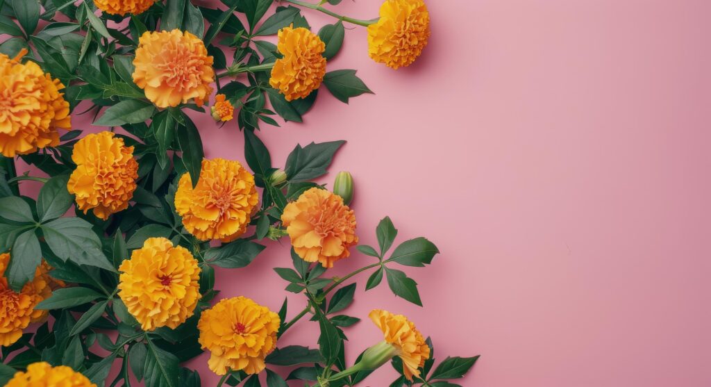 Orange Marigold Flowers on Pink Background Stock Free