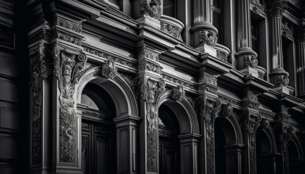 Ornate cathedral arch entrance in black and white generated by AI Stock Free