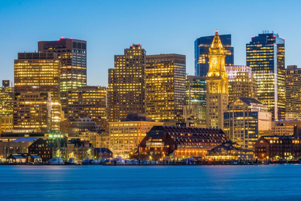 Panorama view of Boston skyline with skyscrapers at twilight in United States Stock Free