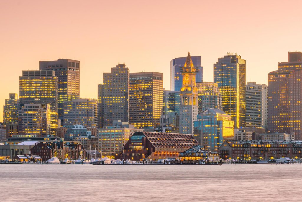 Panorama view of Boston skyline with skyscrapers at twilight in United States Stock Free