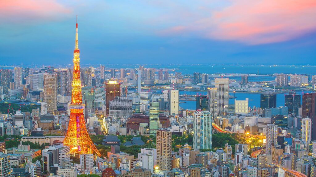 Panorama view of Tokyo city skyline with Tokyo Tower and business center at twilight Stock Free