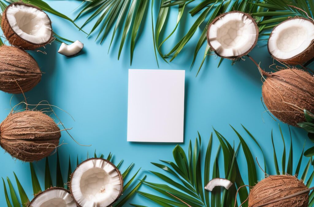 Paper Surrounded by Coconuts on Blue Background Stock Free