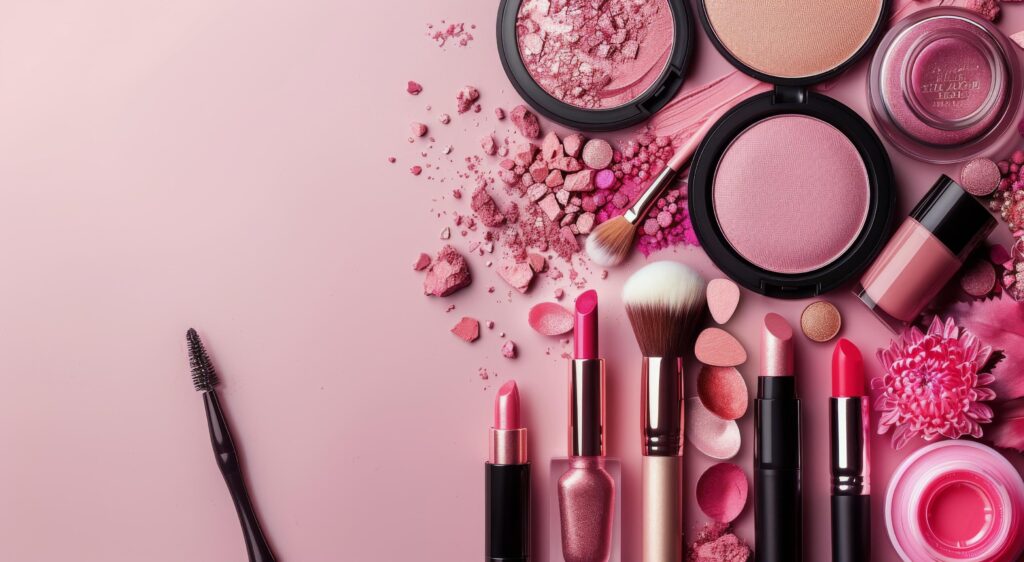 Pink Cosmetics Arranged on Pink Background Stock Free