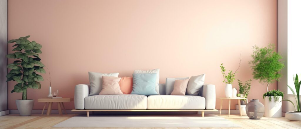 portrait of living room interior with minimalist style decoration and bright pastel color background, generative ai Stock Free