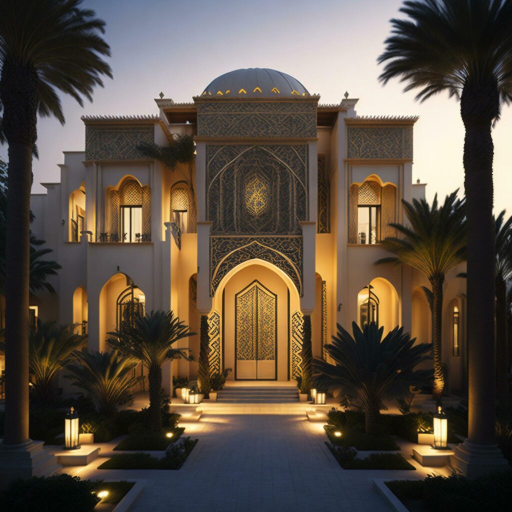 Realistic Arab style villa with realistic professional faade lighting is the subject Generative AI Stock Free