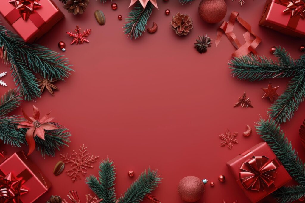 Red Background With Presents and Christmas Decorations Stock Free